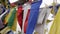 Colorful Buddhist Tibetan prayer flags at mountains wave in the breeze blowing.