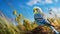 Colorful Budgerigar Resting On Rock With Tall Grass And Blue Sky