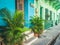 Colorful building facades of old town in Cartagena , Colombia