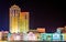 Colorful buildings along the boardwalk at night in Atlantic City