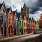 Colorful buildings in gothic atmosphere with impressive skies