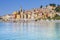 Colorful buildings in the mediaeval town of Menton, French Riviera, France.