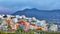 Colorful buildings in Santa Cruz de La Palma with copy space. Beautiful cityscape with bright colors mountains and