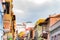 Colorful buildings with a wooden balconies on a street in spanish town Puerto de la Cruz on a sunny day, Tenerife