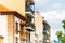 Colorful buildings with a wooden balconies on a street in spanish town Puerto de la Cruz on a sunny day, Tenerife