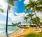 Colorful bungalows in Bas du Fort beach in Guadeloupe