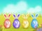 Colorful bunnies easter eggs with cute expression on nature landscape background.