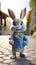 Colorful Bunny with Blue and Yellow Bowtie in Animated Style .