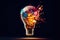 Colorful Burst: Explosive Splashes of Paint Surround a Creative Light Bulb on a Dark Background. created with Generative AI