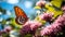 Colorful Butterfly Delicately Perched on Blooming Flower: Lush Field of Spring Blossoms. Generative Ai