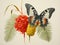 Colorful butterfly sits on green flower, pineapple string, red flower