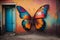 Colorful butterfly on the wall of an old abandoned house
