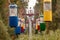 Colorful cableway cabins in vibrant autumn park