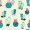 Colorful cacti in the desert cartoon style in a mixed line art and filled shapes on a textured canvas-like background. Vector