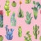 Colorful Cacti seamless pattern on pink background