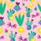 Colorful cactus on a pink background, in a seamless pattern