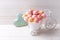 Colorful cake pops in decorative bicycle and turquoise heart o