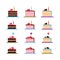 Colorful cake slices set on white background.