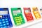 Colorful calculators on showcase in stationery store