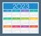 Colorful calendar for 2023 year. Week starts on Sunday