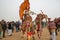 Colorful camel and rider with umbrella walking through the crowd