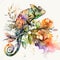 Colorful Camouflage Chameleon with Vibrant Flower Watercolor - Generative AI