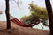 Colorful camping hammock in a pine forest above the sea
