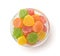 Colorful candied dried fruits in glass bowl