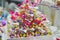 Colorful candies in transparent bags at wedding reception or event party