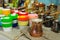 Colorful candle holders and fondue objects