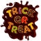 Colorful candy letters Trick or Treat in puddle of chocolate. Halloween funny sweets. Cartoon hand drawn vector