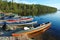 Colorful canoes a lake,Polar Karelia, Russia