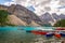 Colorful canoes on Moraine lakel near Lake Louise village in Banff National Park, Alberta, Rocky Mountains Canada