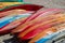 Colorful canoes on a sand beach