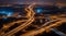 Colorful car light trails, long exposure photo at night, fantastic night scene, top view, a long exposure photo