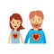 Colorful caricature half body couple parents super hero with heart symbol in uniform