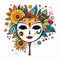 Colorful Caricature Woman With Floral Art And Sun Mask