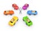 Colorful cars around 3d small person.