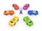 Colorful cars around 3d small person.