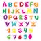 Colorful cartoon alphabet for children. Vector educational collection of letters and numbers