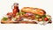 Colorful Cartoon Bbq Sandwich Illustration With Pickled Vegetables And Onion