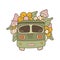 Colorful cartoon car. Travel car with flowers, leaves and mushrooms. House on wheels. Travel, vacation. Handsomely