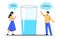 Colorful cartoon couple with half full or empty glass vector flat illustration