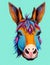 Colorful Cartoon Donkey Head with Blue and Pink Ears on Green Background