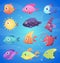 Colorful cartoon fish. Funny underwater animals with big eyes ocean and sea life vector illustrations