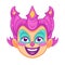 Colorful cartoon genie face with purple hair and a joyful expression. Female fantasy character smiling happily. Magical