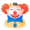Colorful cartoon happy cute redhead clown character in funny small hat with flower, big bow and red nose. Circus show artist flat