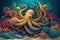 Colorful Cartoon Illustration of Beautiful Octopus, Coral Reefs, and Algae on Sandy Ocean Floor. AI