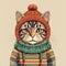 Colorful Cartoon Illustration Of A Cute Cat Wearing Sweater And Hat