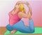 Colorful cartoon illustration of a woman with obesity doing yoga
